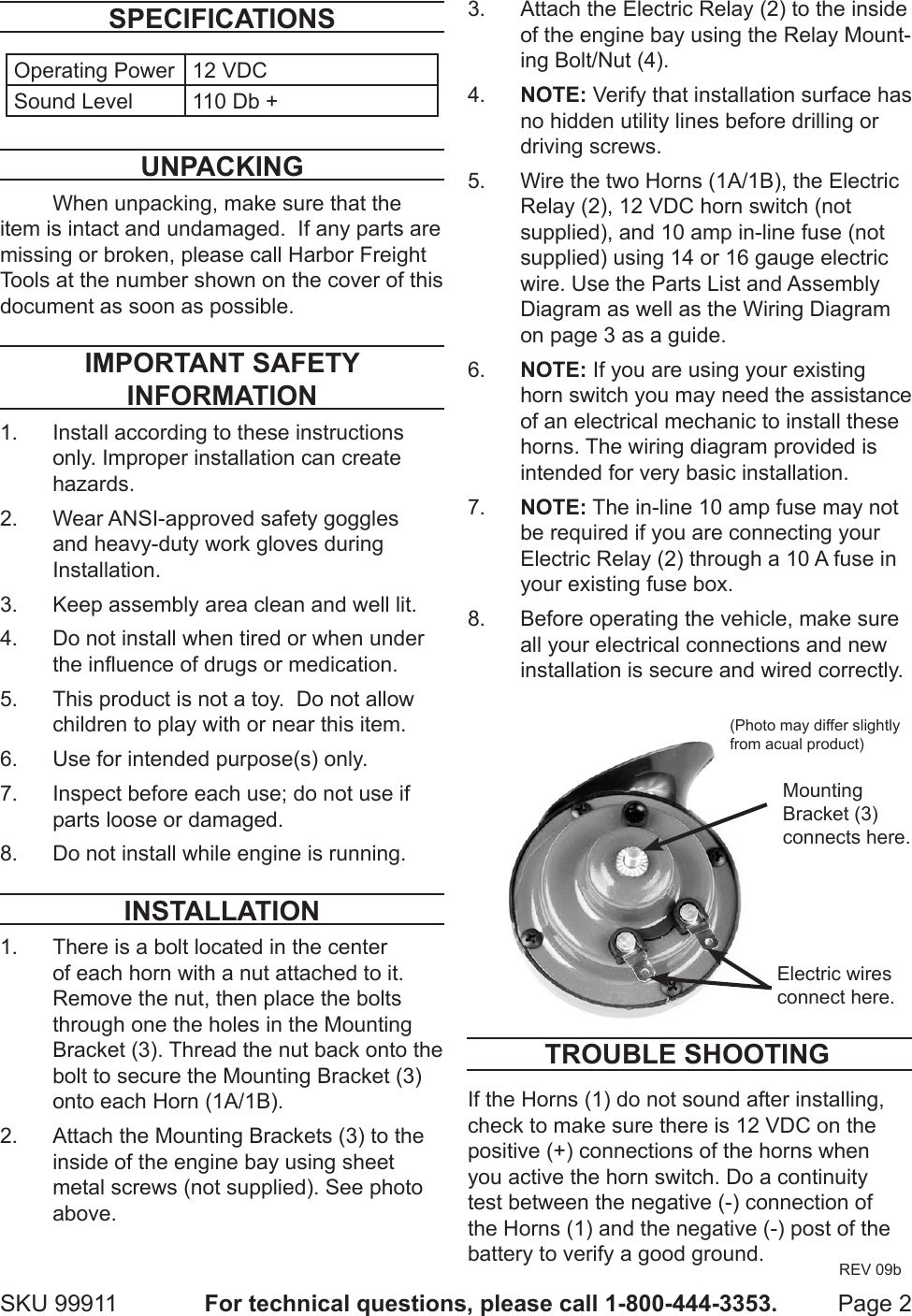 Page 2 of 3 - Harbor-Freight Harbor-Freight-2-Piece-12-Volt-Electric-Horn-Set-Product-Manual-  Harbor-freight-2-piece-12-volt-electric-horn-set-product-manual