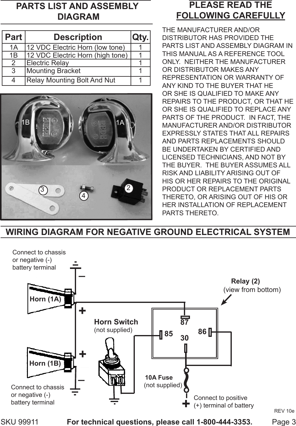 Page 3 of 3 - Harbor-Freight Harbor-Freight-2-Piece-12-Volt-Electric-Horn-Set-Product-Manual-  Harbor-freight-2-piece-12-volt-electric-horn-set-product-manual