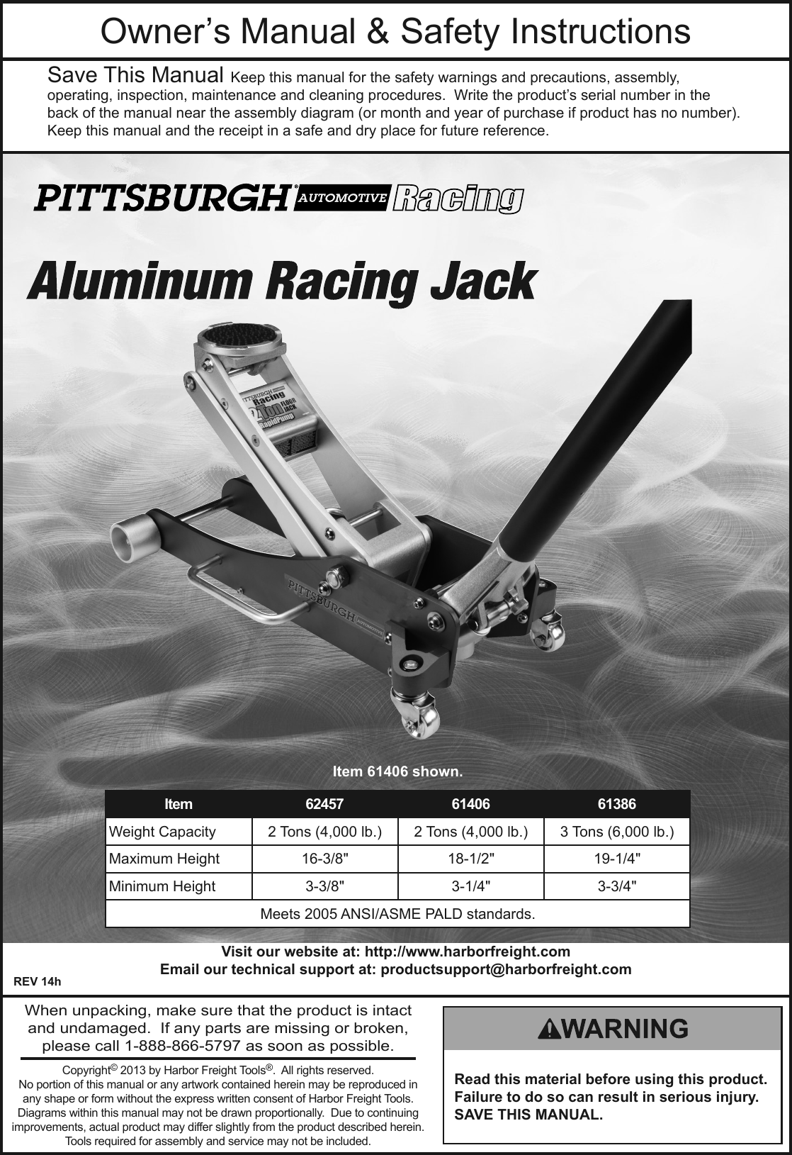 Page 1 of 8 - Harbor-Freight Harbor-Freight-2-Ton-Aluminum-Racing-Floor-Jack-With-Rapidpump-Product-Manual-  Harbor-freight-2-ton-aluminum-racing-floor-jack-with-rapidpump-product-manual