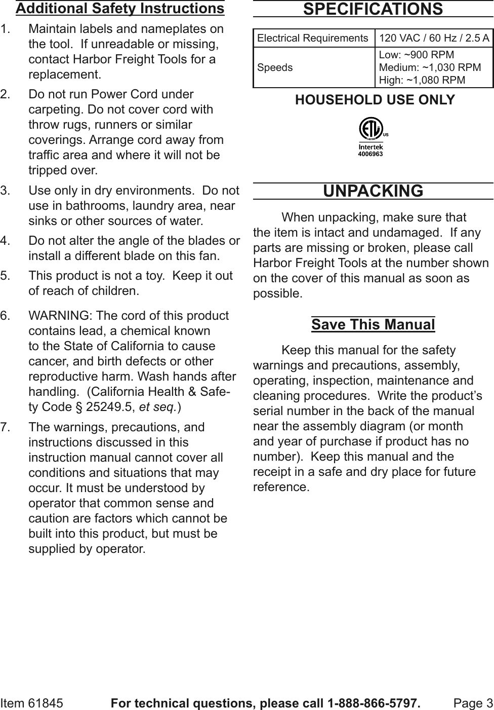 Page 3 of 8 - Harbor-Freight Harbor-Freight-30-In-Pedestal-Shop-Fan-Product-Manual-  Harbor-freight-30-in-pedestal-shop-fan-product-manual