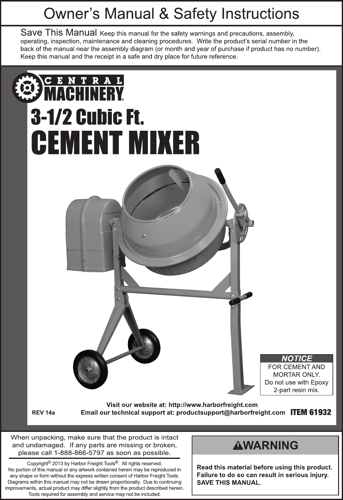 Harbor Freight 3 1 2 Cubic Ft Cement Mixer Product Manual