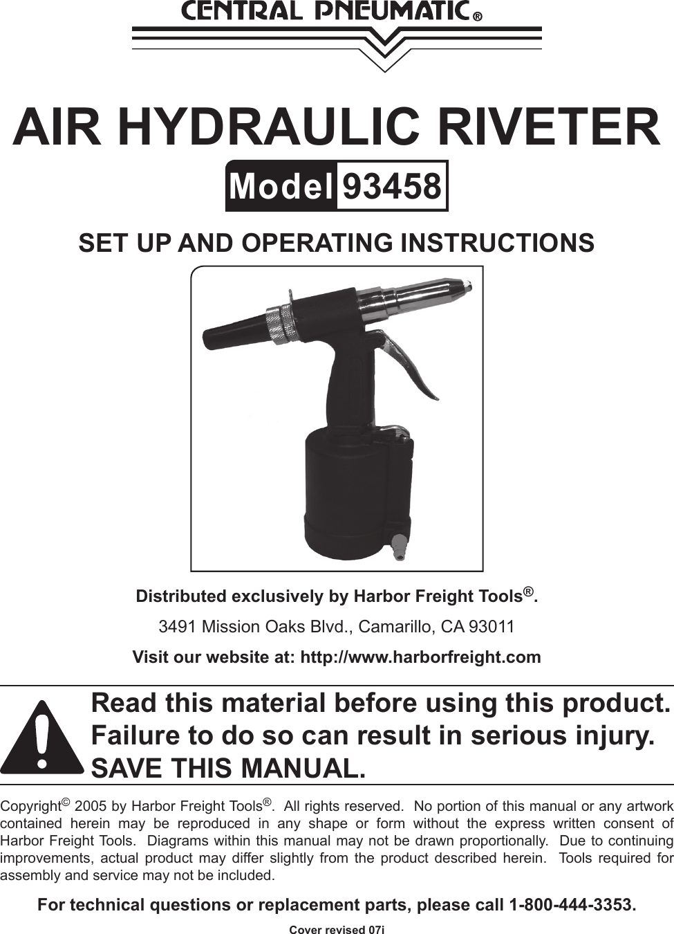 Page 1 of 12 - Harbor-Freight Harbor-Freight-3-16-In-Air-Hydraulic-Riveter-Product-Manual-  Harbor-freight-3-16-in-air-hydraulic-riveter-product-manual
