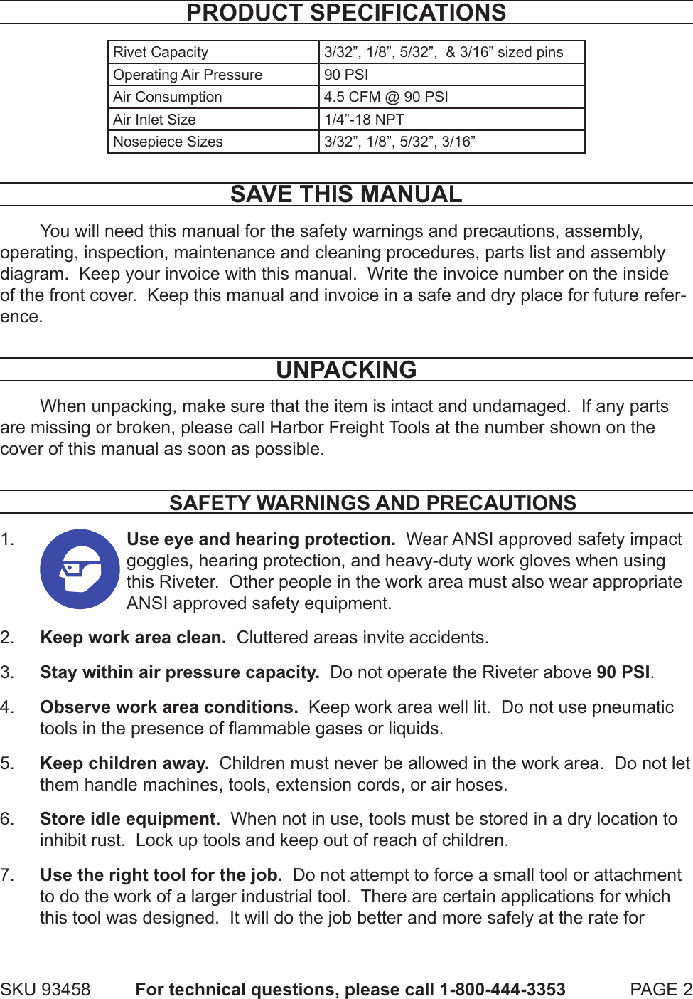 Page 2 of 12 - Harbor-Freight Harbor-Freight-3-16-In-Air-Hydraulic-Riveter-Product-Manual-  Harbor-freight-3-16-in-air-hydraulic-riveter-product-manual