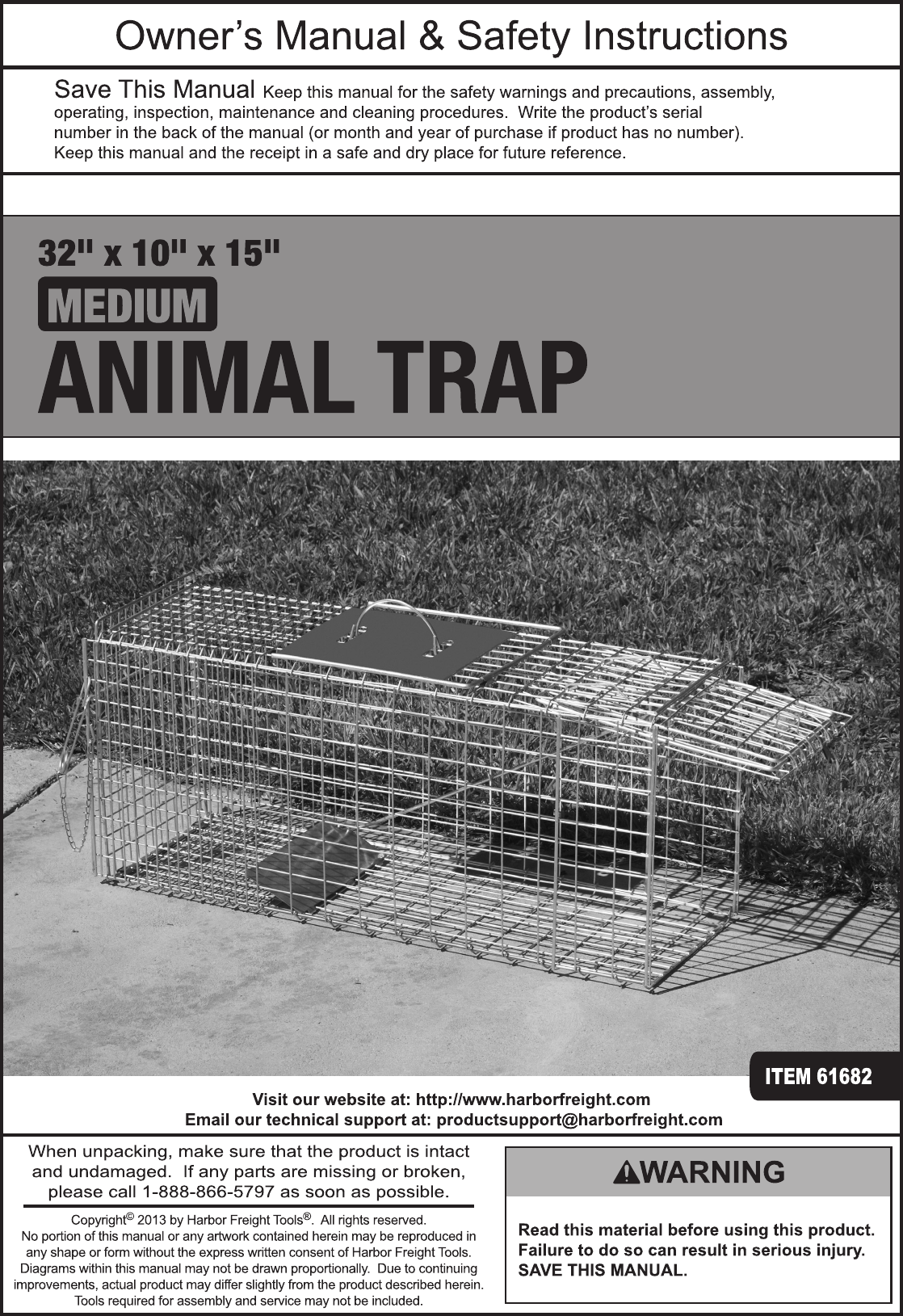 Page 1 of 8 - Harbor-Freight Harbor-Freight-32-In-X-15-In-X-10-In-Medium-Animal-Trap-Product-Manual-  Harbor-freight-32-in-x-15-in-x-10-in-medium-animal-trap-product-manual