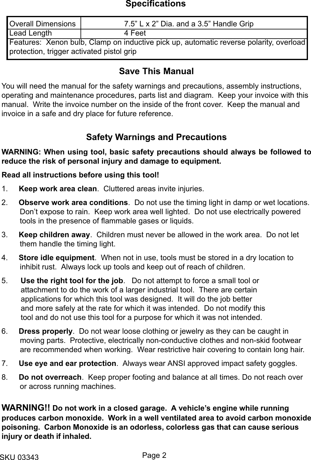 Page 2 of 7 - Harbor-Freight Harbor-Freight-3343-Users-Manual- 03343 Timing Light Manual.p65  Harbor-freight-3343-users-manual