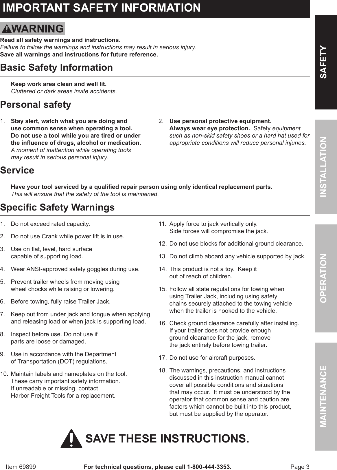 Page 3 of 8 - Harbor-Freight Harbor-Freight-3500-Lb-Capacity-Drop-Leg-Heavy-Duty-Electric-Trailer-Jack-Product-Manual-  Harbor-freight-3500-lb-capacity-drop-leg-heavy-duty-electric-trailer-jack-product-manual