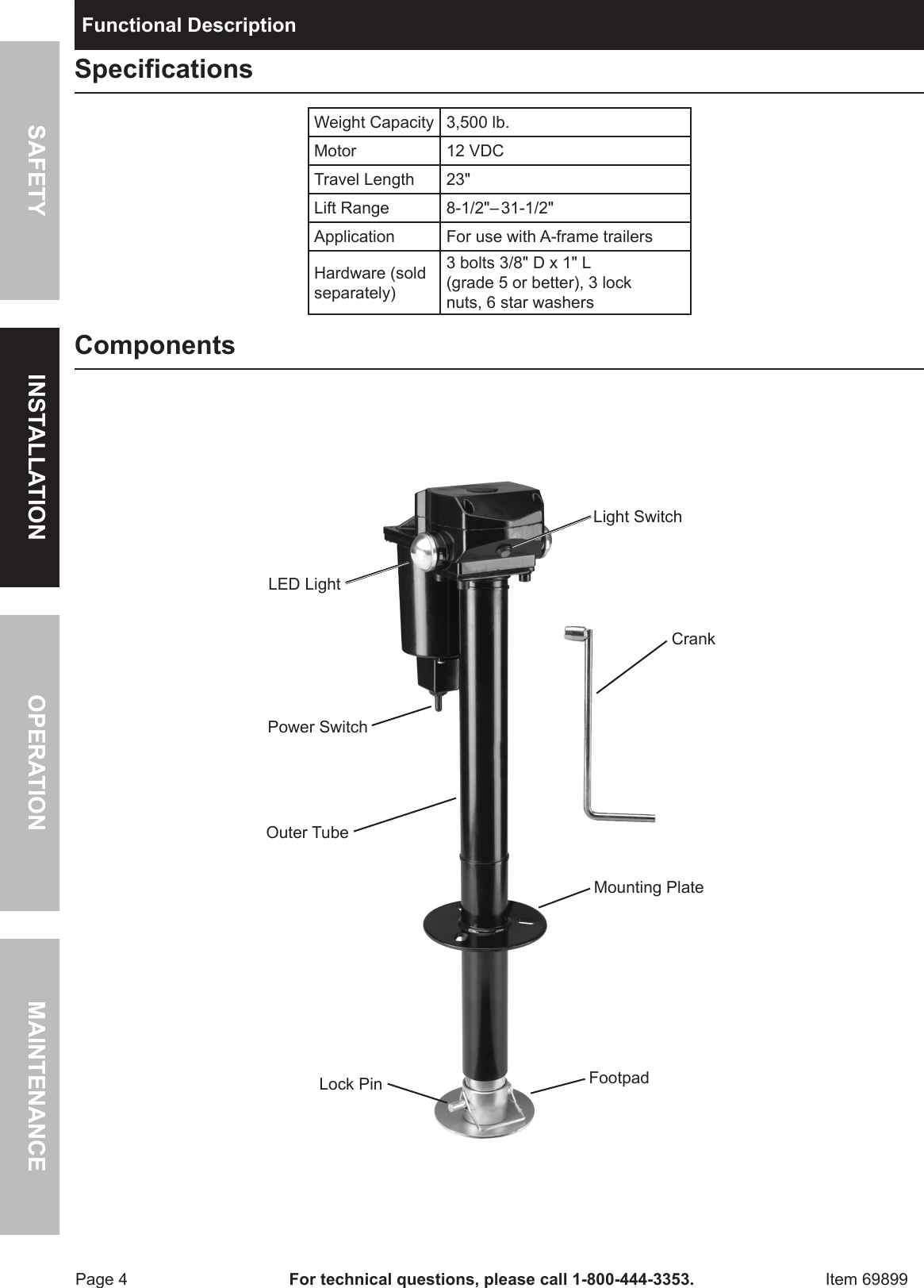 Page 4 of 8 - Harbor-Freight Harbor-Freight-3500-Lb-Capacity-Drop-Leg-Heavy-Duty-Electric-Trailer-Jack-Product-Manual-  Harbor-freight-3500-lb-capacity-drop-leg-heavy-duty-electric-trailer-jack-product-manual