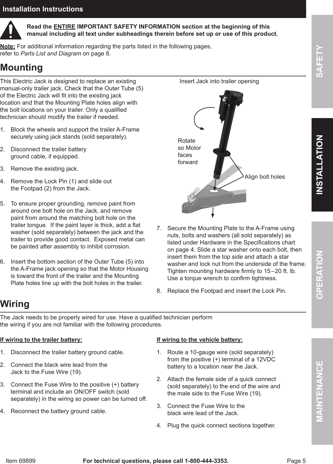 Page 5 of 8 - Harbor-Freight Harbor-Freight-3500-Lb-Capacity-Drop-Leg-Heavy-Duty-Electric-Trailer-Jack-Product-Manual-  Harbor-freight-3500-lb-capacity-drop-leg-heavy-duty-electric-trailer-jack-product-manual