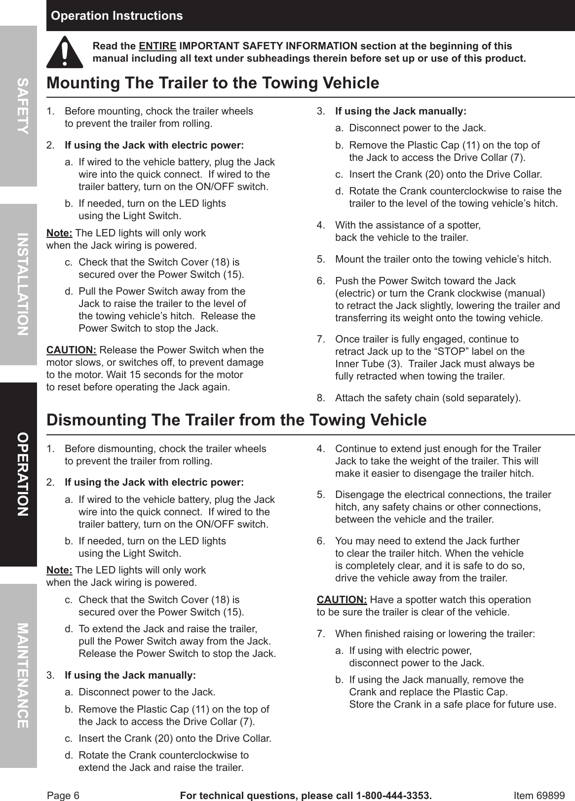 Page 6 of 8 - Harbor-Freight Harbor-Freight-3500-Lb-Capacity-Drop-Leg-Heavy-Duty-Electric-Trailer-Jack-Product-Manual-  Harbor-freight-3500-lb-capacity-drop-leg-heavy-duty-electric-trailer-jack-product-manual