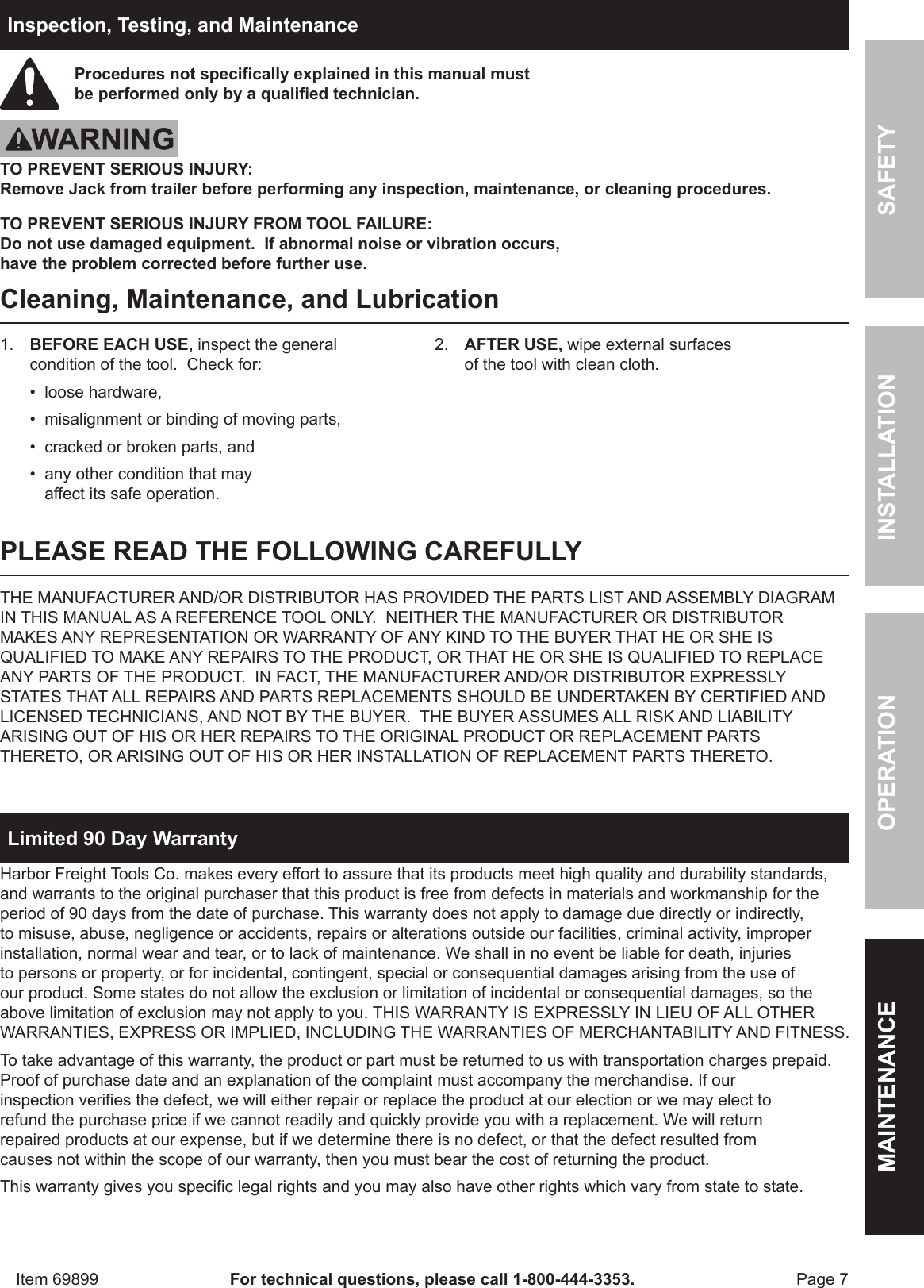 Page 7 of 8 - Harbor-Freight Harbor-Freight-3500-Lb-Capacity-Drop-Leg-Heavy-Duty-Electric-Trailer-Jack-Product-Manual-  Harbor-freight-3500-lb-capacity-drop-leg-heavy-duty-electric-trailer-jack-product-manual