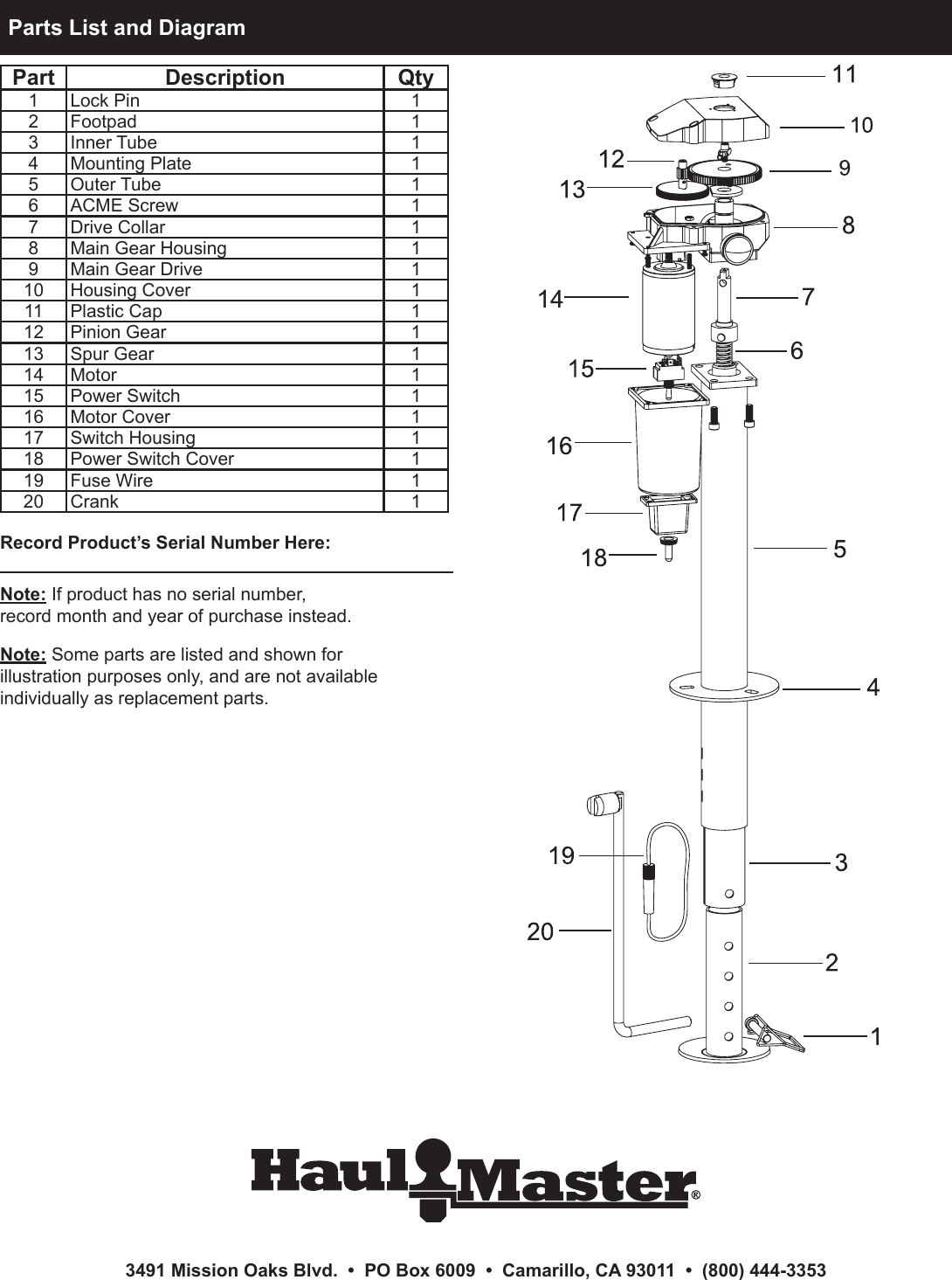 Page 8 of 8 - Harbor-Freight Harbor-Freight-3500-Lb-Capacity-Drop-Leg-Heavy-Duty-Electric-Trailer-Jack-Product-Manual-  Harbor-freight-3500-lb-capacity-drop-leg-heavy-duty-electric-trailer-jack-product-manual