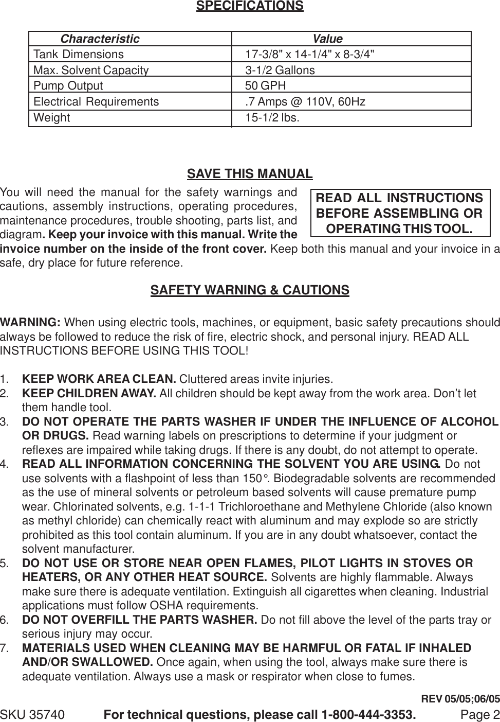 Harbor Freight 35740 Users Manual Parts Washer