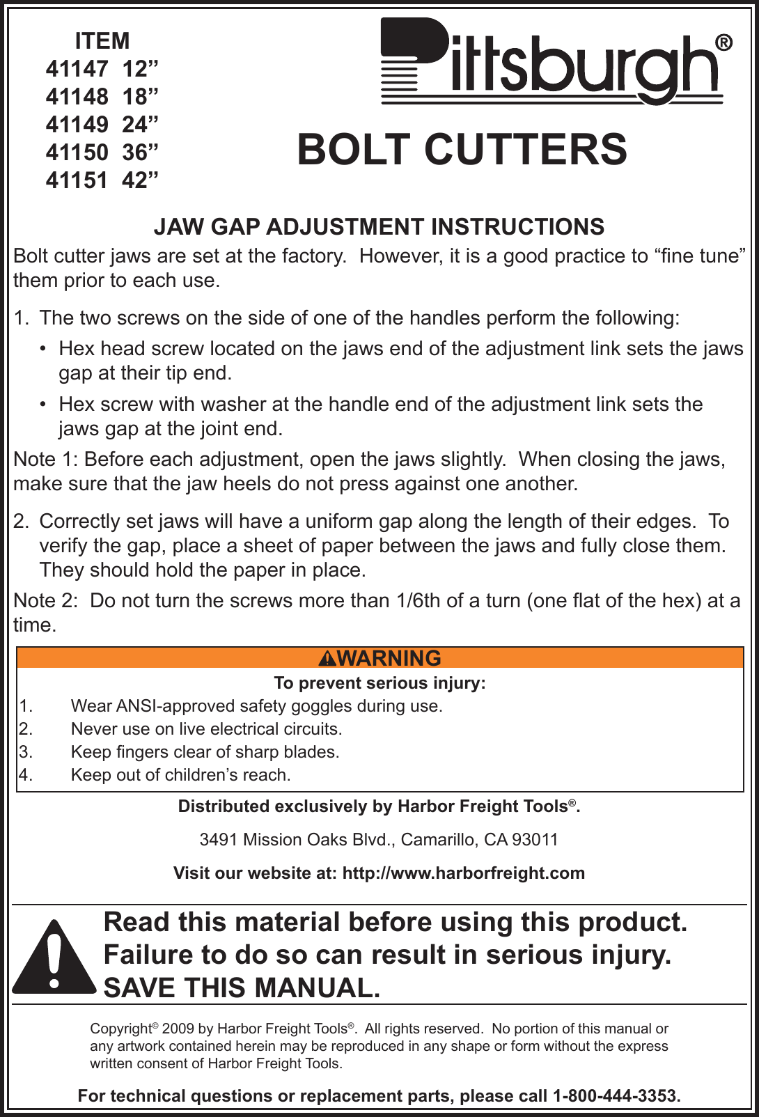 Page 1 of 1 - Harbor-Freight Harbor-Freight-36-In-Bolt-Cutters-Product-Manual-  Harbor-freight-36-in-bolt-cutters-product-manual