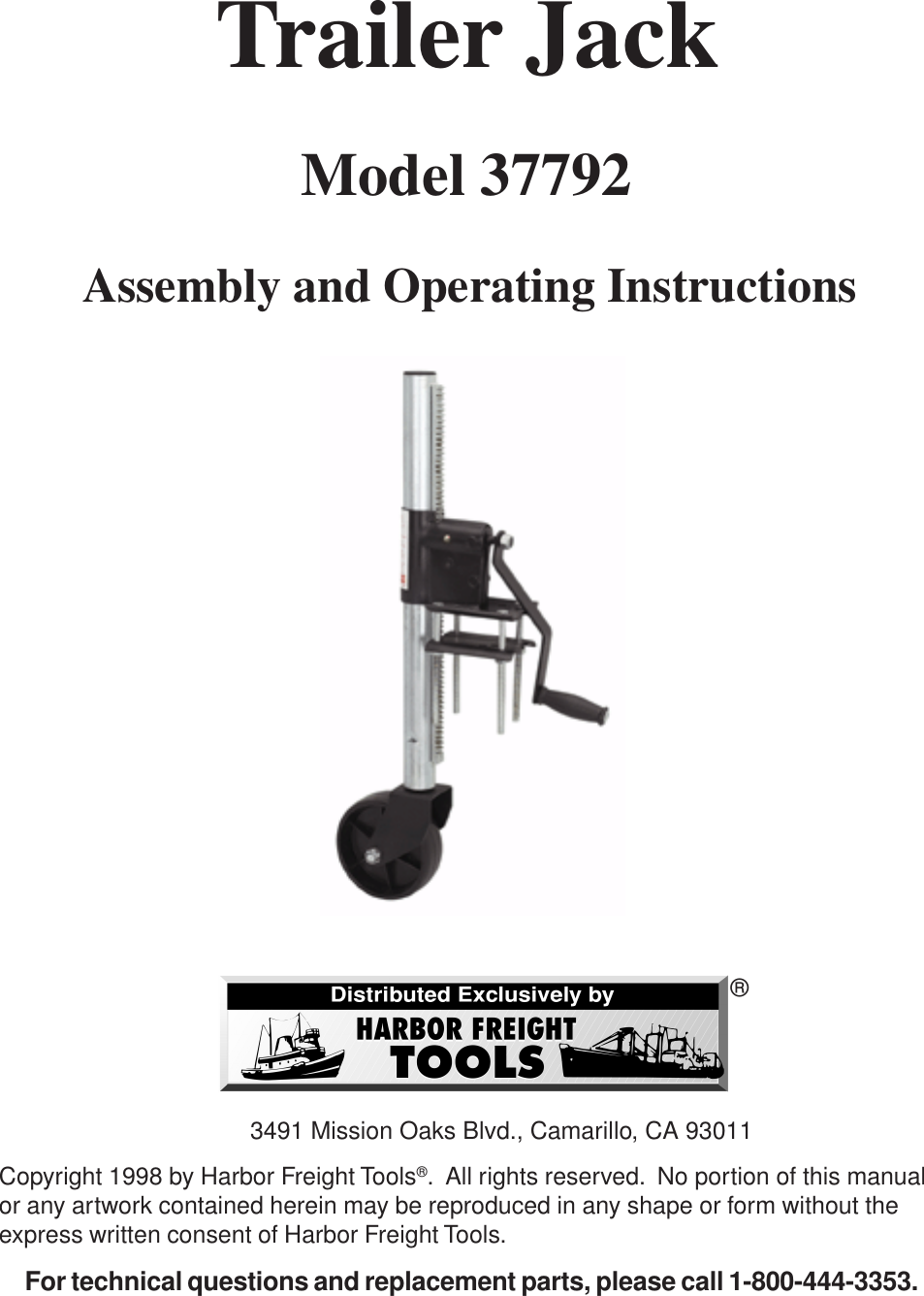 Page 1 of 6 - Harbor-Freight Harbor-Freight-37792-Users-Manual- 37792 Trailer Jack Manual  Harbor-freight-37792-users-manual
