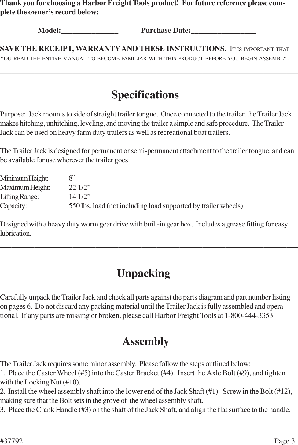 Page 3 of 6 - Harbor-Freight Harbor-Freight-37792-Users-Manual- 37792 Trailer Jack Manual  Harbor-freight-37792-users-manual