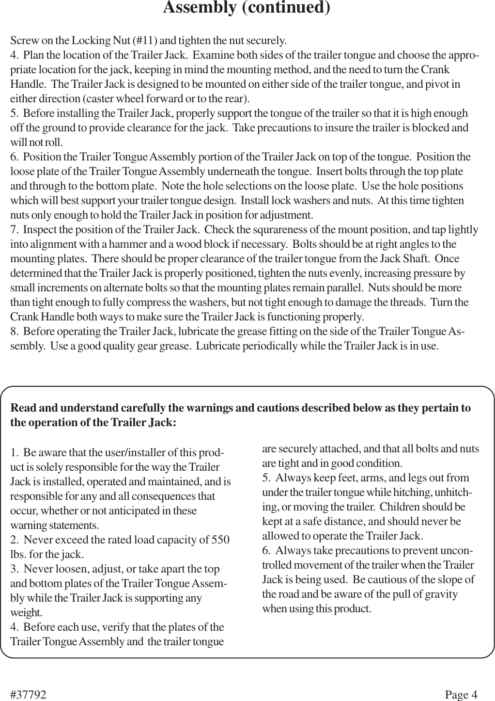 Page 4 of 6 - Harbor-Freight Harbor-Freight-37792-Users-Manual- 37792 Trailer Jack Manual  Harbor-freight-37792-users-manual