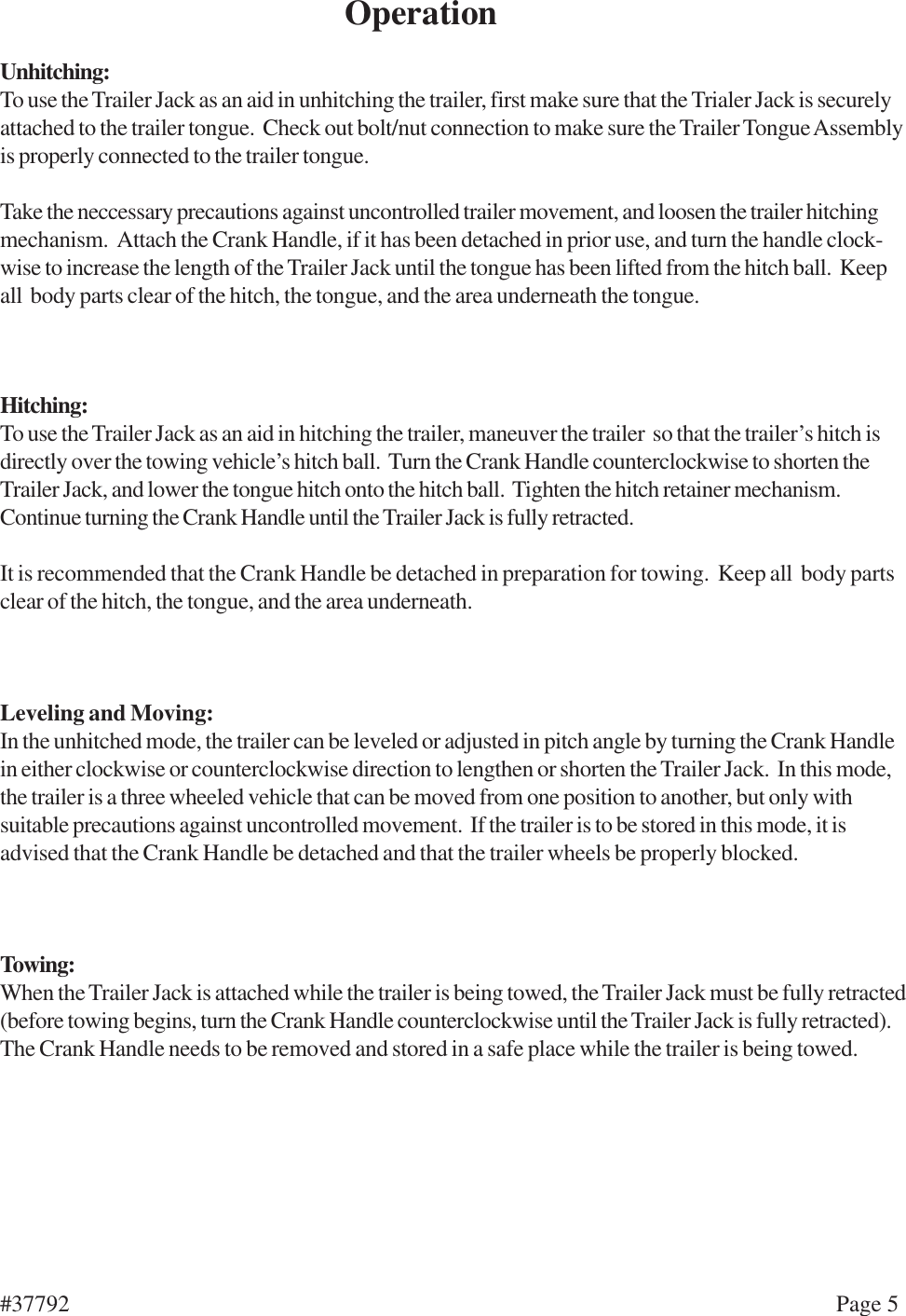 Page 5 of 6 - Harbor-Freight Harbor-Freight-37792-Users-Manual- 37792 Trailer Jack Manual  Harbor-freight-37792-users-manual