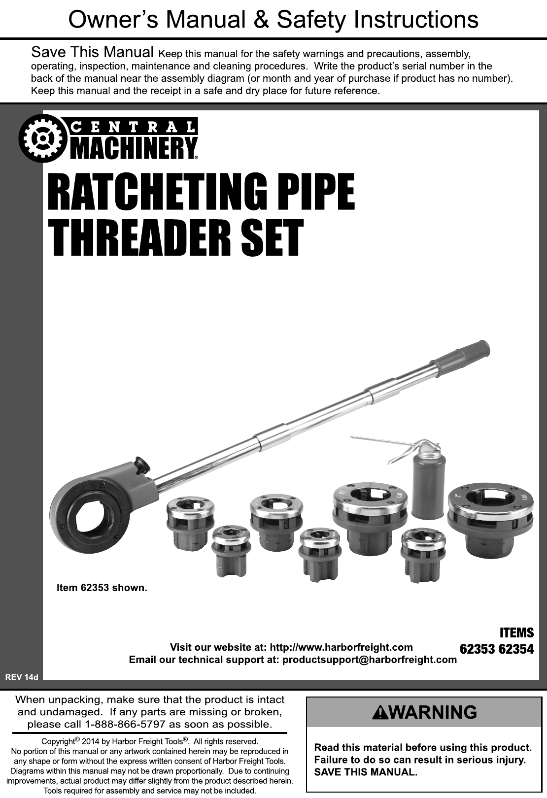 Page 1 of 8 - Harbor-Freight Harbor-Freight-3-8-In -2-In-Ratcheting-Pipe-Threader-Set-Product-Manual-  Harbor-freight-3-8-in---2-in-ratcheting-pipe-threader-set-product-manual