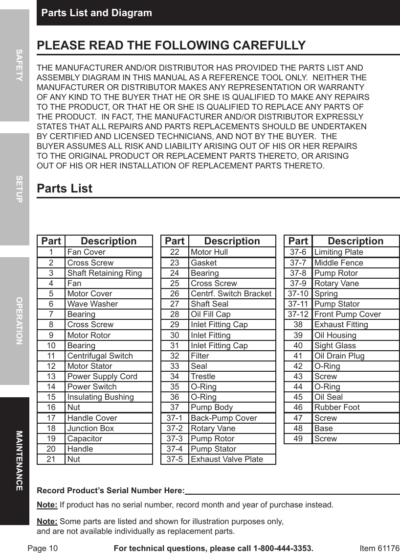 Page 10 of 12 - Harbor-Freight Harbor-Freight-3-Cfm-Two-Stage-Vacuum-Pump-Product-Manual-  Harbor-freight-3-cfm-two-stage-vacuum-pump-product-manual