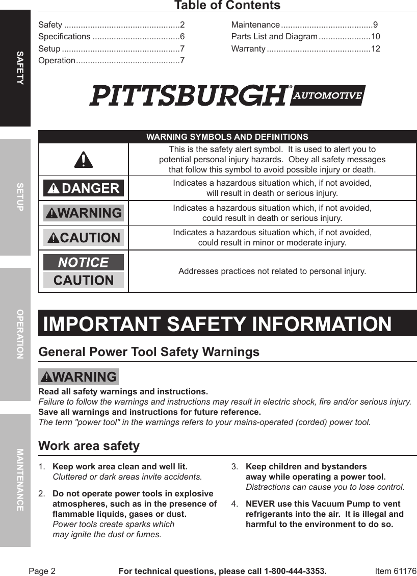 Page 2 of 12 - Harbor-Freight Harbor-Freight-3-Cfm-Two-Stage-Vacuum-Pump-Product-Manual-  Harbor-freight-3-cfm-two-stage-vacuum-pump-product-manual