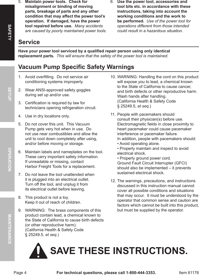 Page 4 of 12 - Harbor-Freight Harbor-Freight-3-Cfm-Two-Stage-Vacuum-Pump-Product-Manual-  Harbor-freight-3-cfm-two-stage-vacuum-pump-product-manual