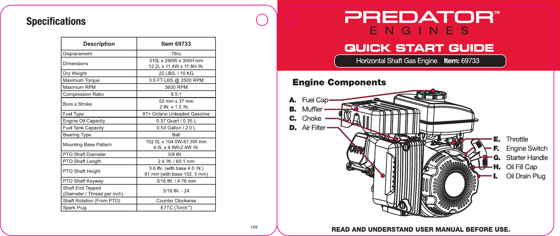 Page 1 of 2 - Harbor-Freight Harbor-Freight-3-Hp-79Cc-Ohv-Horizontal-Shaft-Gas-Engine-Epa-Quick-Start-Manual- 69733_Q_041112  Harbor-freight-3-hp-79cc-ohv-horizontal-shaft-gas-engine-epa-quick-start-manual