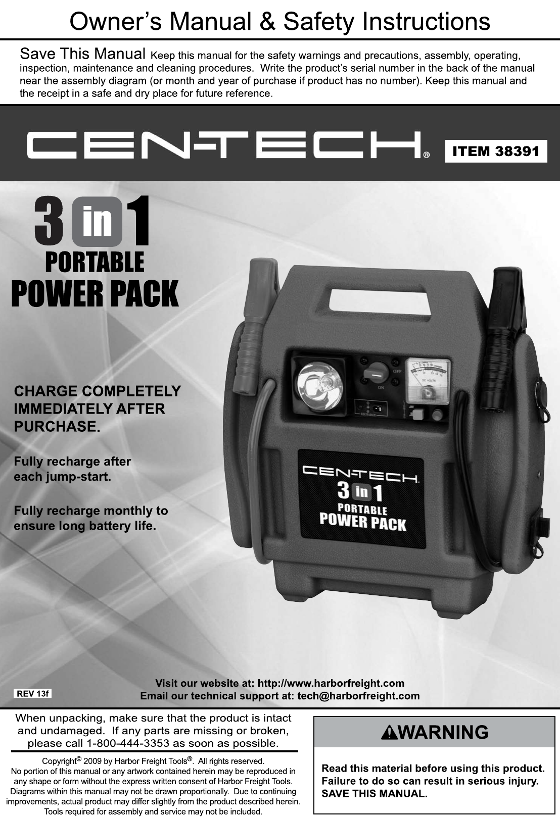 Page 1 of 12 - Harbor-Freight Harbor-Freight-3-In-1-Jump-Starter-And-Power-Supply-Product-Manual-  Harbor-freight-3-in-1-jump-starter-and-power-supply-product-manual