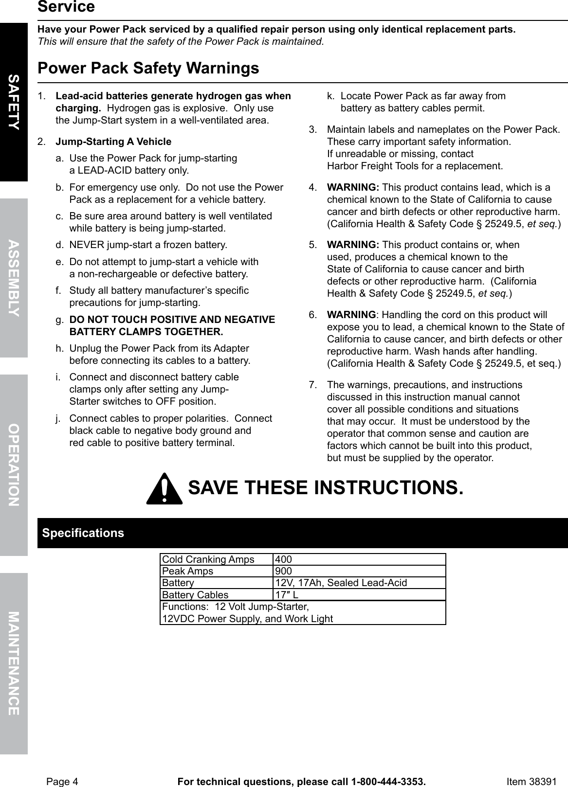 Page 4 of 12 - Harbor-Freight Harbor-Freight-3-In-1-Jump-Starter-And-Power-Supply-Product-Manual-  Harbor-freight-3-in-1-jump-starter-and-power-supply-product-manual