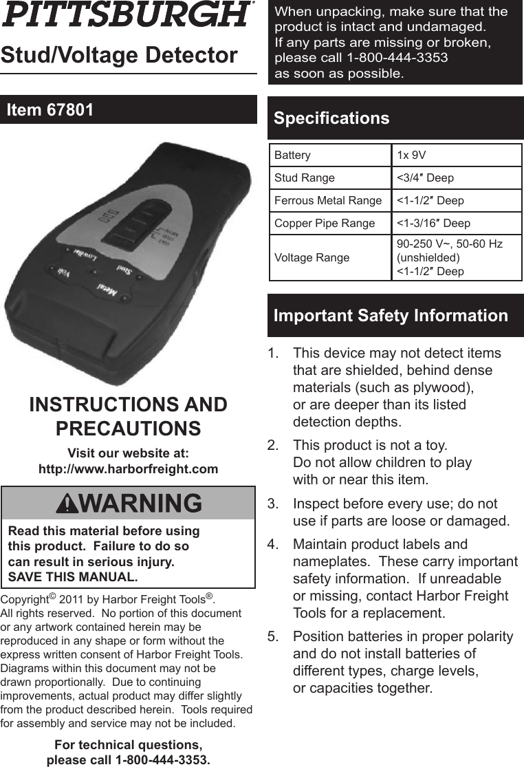 Page 1 of 4 - Harbor-Freight Harbor-Freight-3-In-1-Stud-Finder-With-Voltage-And-Metal-Detection-Product-Manual-  Harbor-freight-3-in-1-stud-finder-with-voltage-and-metal-detection-product-manual