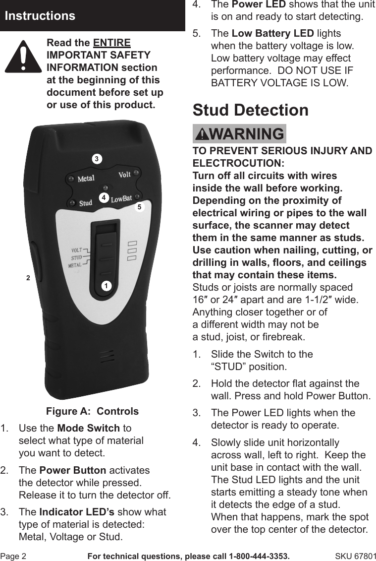 Page 2 of 4 - Harbor-Freight Harbor-Freight-3-In-1-Stud-Finder-With-Voltage-And-Metal-Detection-Product-Manual-  Harbor-freight-3-in-1-stud-finder-with-voltage-and-metal-detection-product-manual