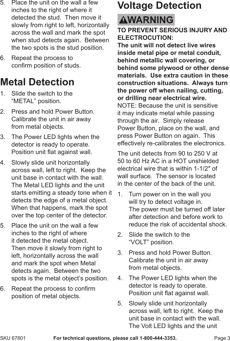 Page 3 of 4 - Harbor-Freight Harbor-Freight-3-In-1-Stud-Finder-With-Voltage-And-Metal-Detection-Product-Manual-  Harbor-freight-3-in-1-stud-finder-with-voltage-and-metal-detection-product-manual