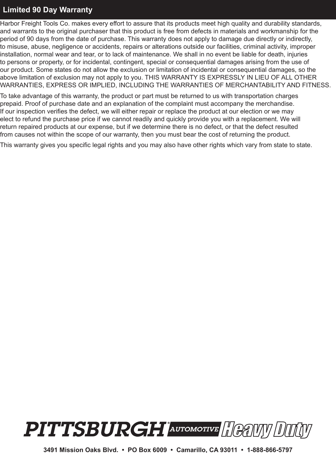 Page 12 of 12 - Harbor-Freight Harbor-Freight-3-Ton-Steel-Heavy-Duty-Floor-Jack-With-Rapid-Pump-Product-Manual-  Harbor-freight-3-ton-steel-heavy-duty-floor-jack-with-rapid-pump-product-manual