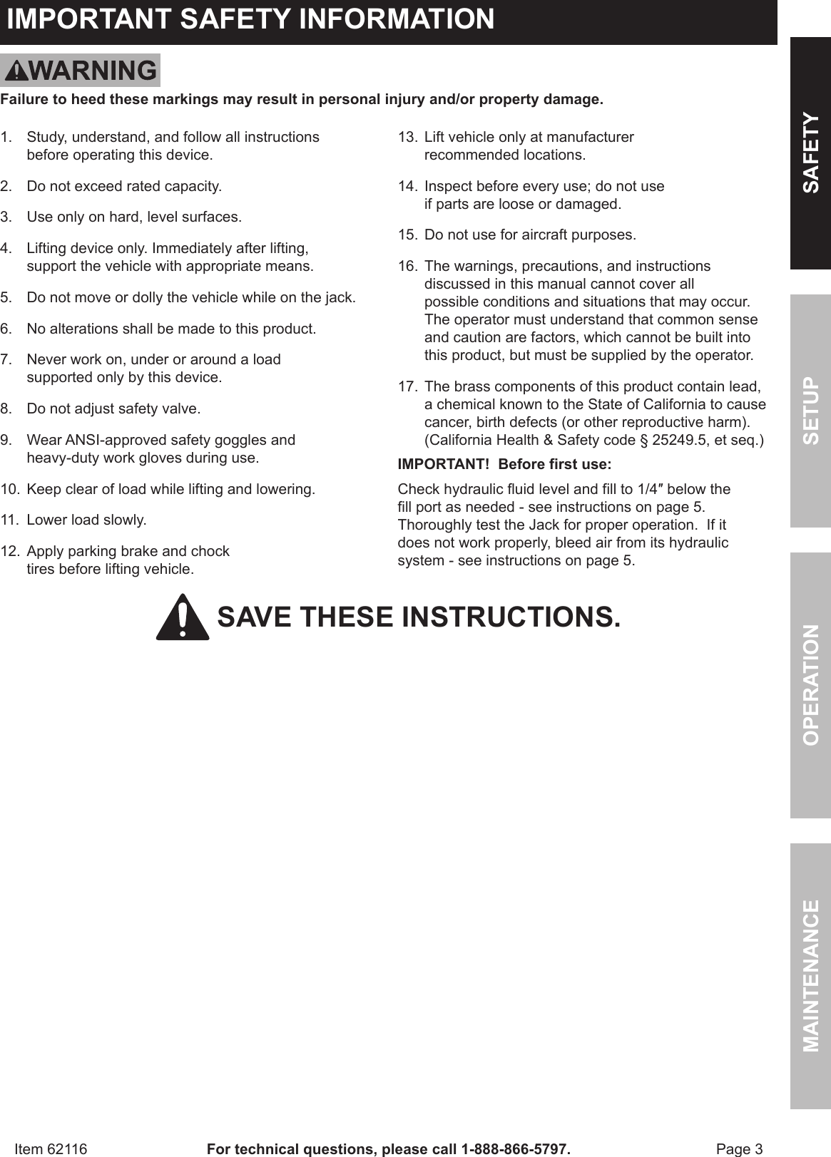 Page 3 of 12 - Harbor-Freight Harbor-Freight-3-Ton-Steel-Heavy-Duty-Floor-Jack-With-Rapid-Pump-Product-Manual-  Harbor-freight-3-ton-steel-heavy-duty-floor-jack-with-rapid-pump-product-manual