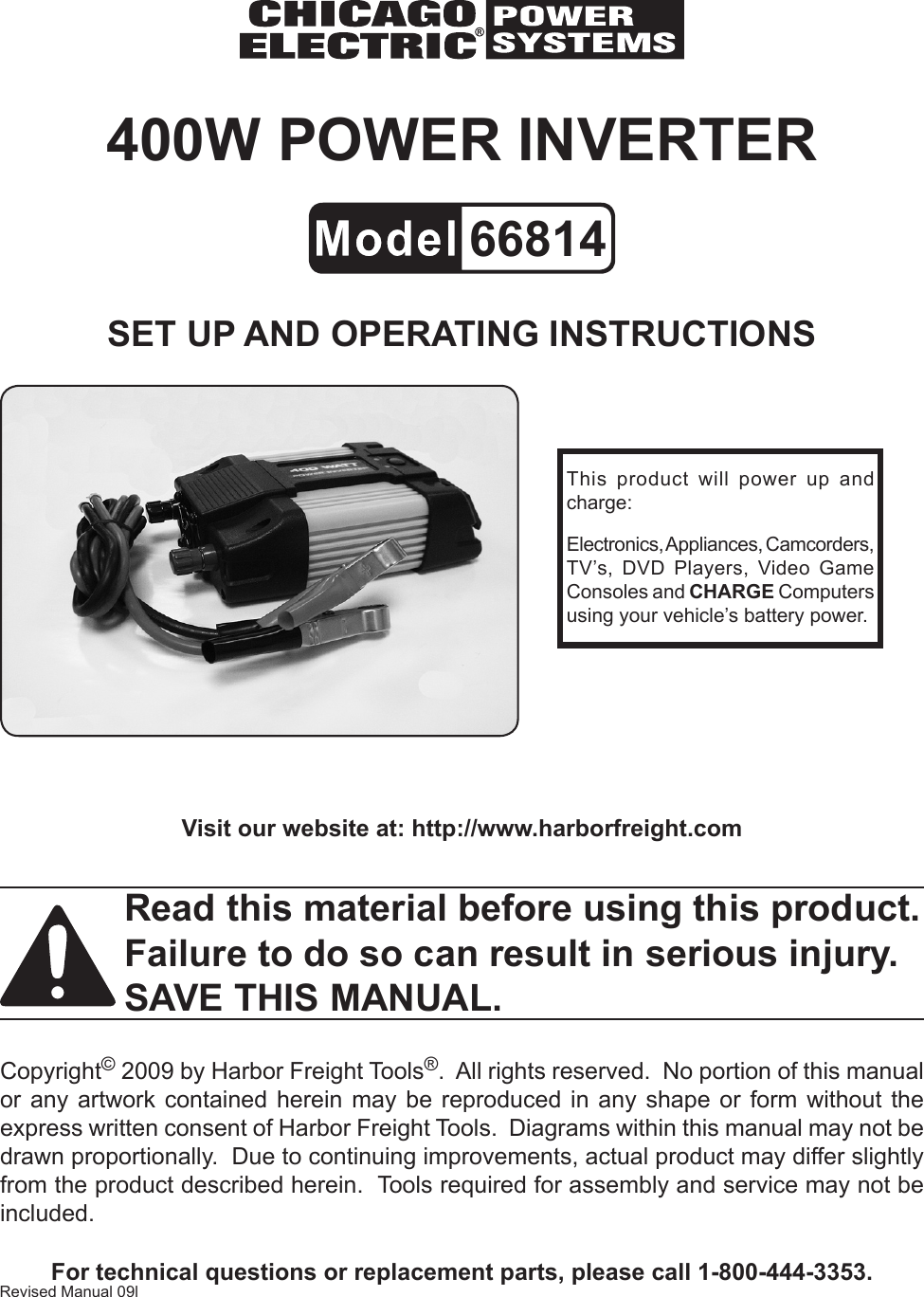 Page 1 of 10 - Harbor-Freight Harbor-Freight-400-Watt-Continuous-800-Watt-Peak-Power-Inverter-Product-Manual-  Harbor-freight-400-watt-continuous-800-watt-peak-power-inverter-product-manual