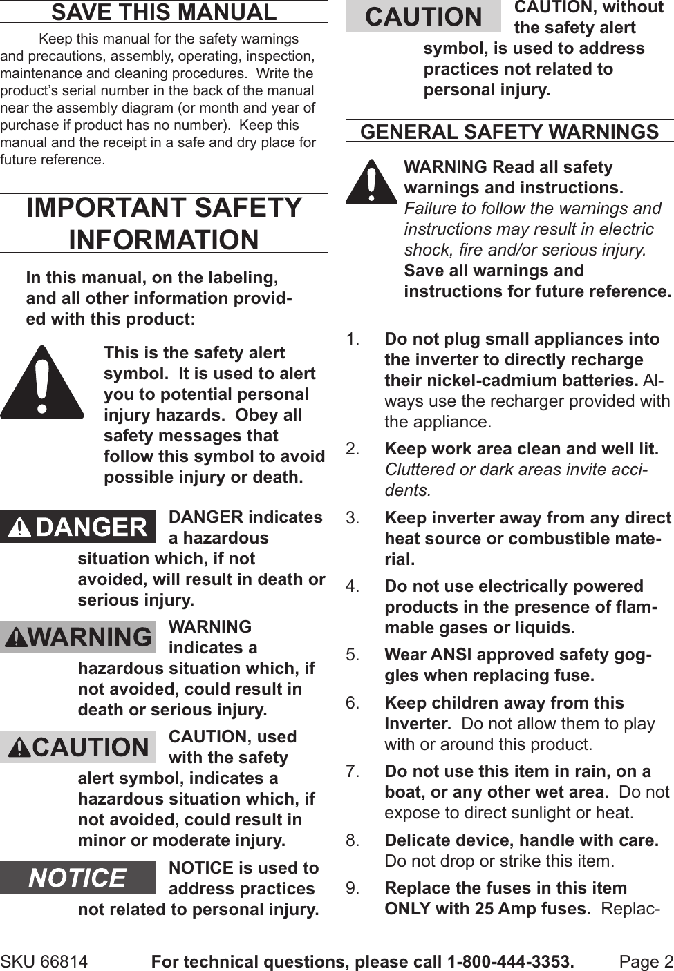 Page 2 of 10 - Harbor-Freight Harbor-Freight-400-Watt-Continuous-800-Watt-Peak-Power-Inverter-Product-Manual-  Harbor-freight-400-watt-continuous-800-watt-peak-power-inverter-product-manual