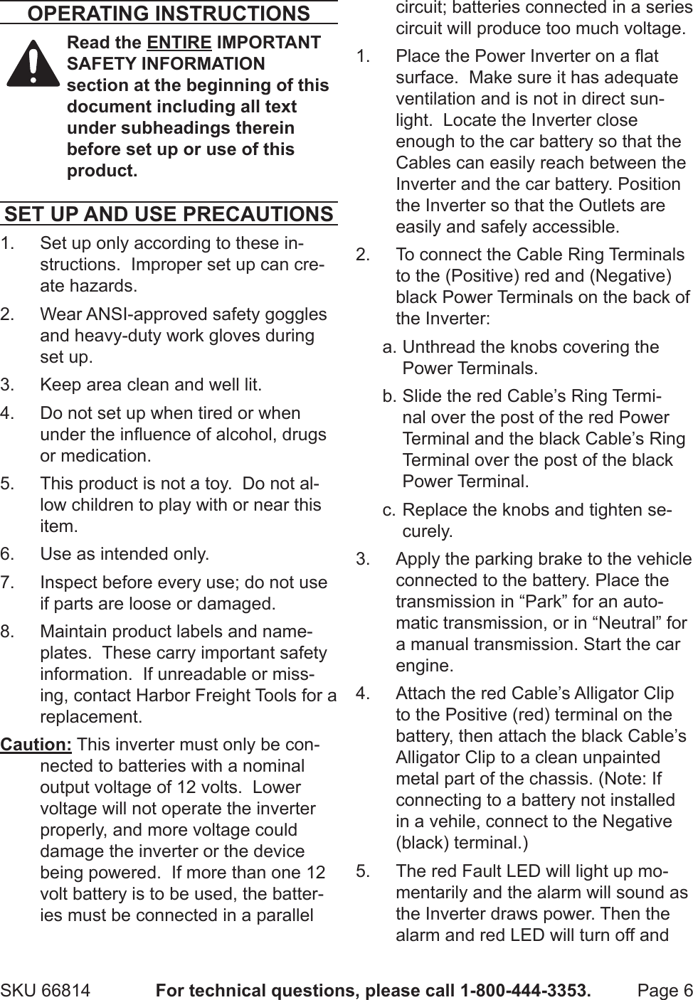 Page 6 of 10 - Harbor-Freight Harbor-Freight-400-Watt-Continuous-800-Watt-Peak-Power-Inverter-Product-Manual-  Harbor-freight-400-watt-continuous-800-watt-peak-power-inverter-product-manual