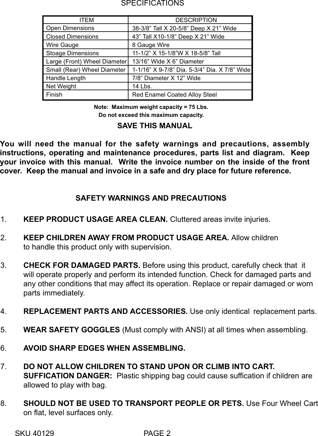 Page 2 of 5 - Harbor-Freight Harbor-Freight-40129-Users-Manual- 40129 4 Wheel Cart Manual.p65  Harbor-freight-40129-users-manual