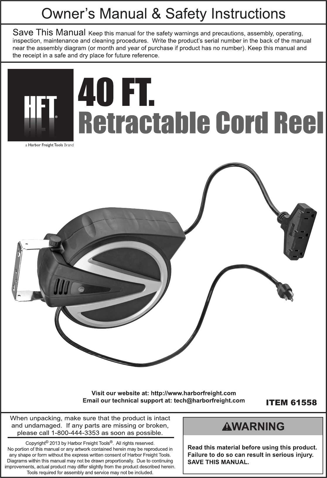 Page 1 of 4 - Harbor-Freight Harbor-Freight-40-Ft-Retractable-Cord-Reel-With-Triple-Tap-Product-Manual-  Harbor-freight-40-ft-retractable-cord-reel-with-triple-tap-product-manual