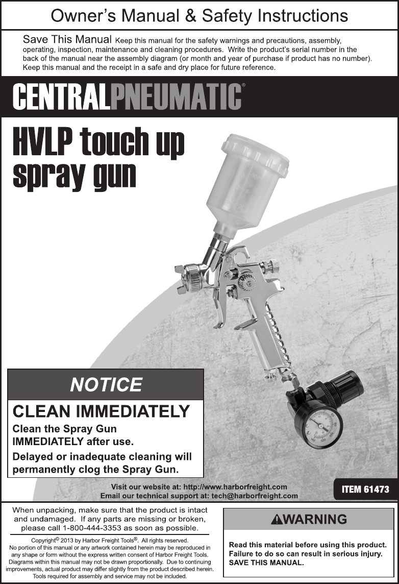 Harbor Freight 40 Oz Hvlp Touch Up Air Spray Gun Product Manual