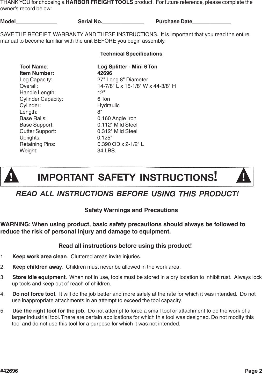 Harbor Freight 42696 Users Manual Log Splitter