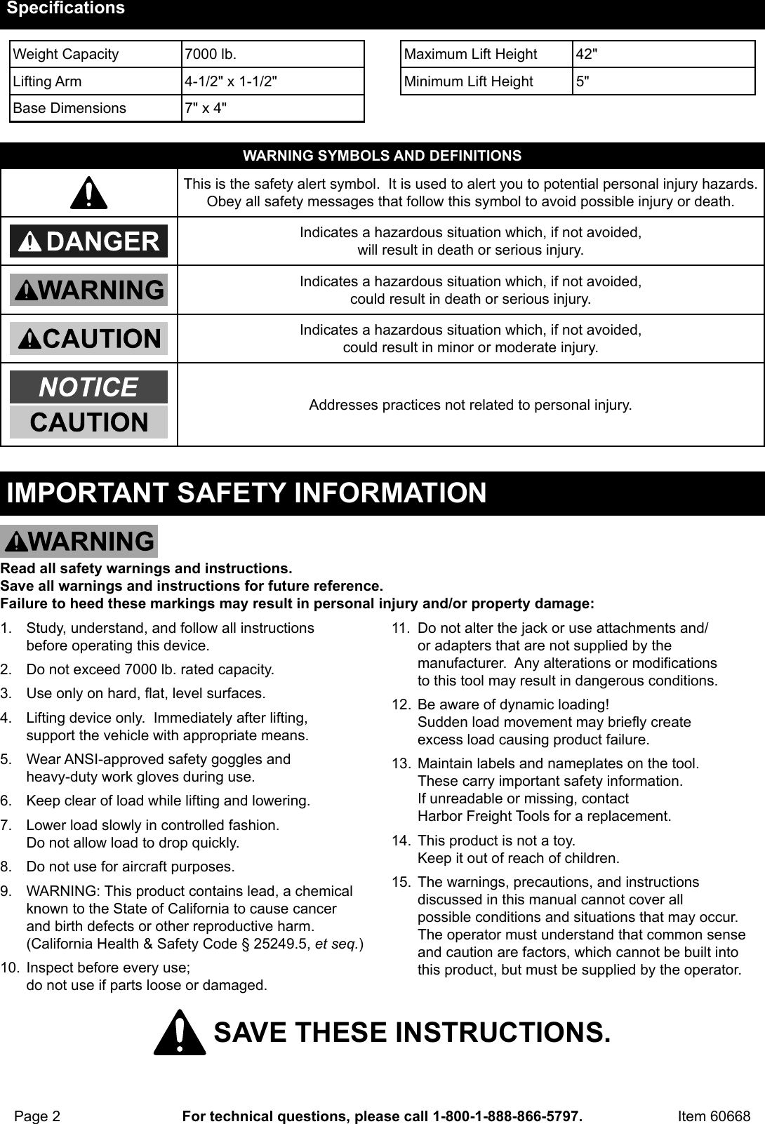 Page 2 of 8 - Harbor-Freight Harbor-Freight-42-In-Off-Road-Farm-Jack-Product-Manual-  Harbor-freight-42-in-off-road-farm-jack-product-manual