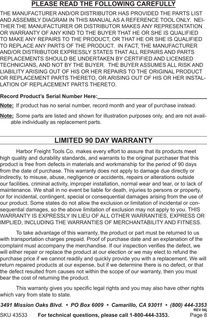 Page 8 of 8 - Harbor-Freight Harbor-Freight-43533-Users-Manual-  Harbor-freight-43533-users-manual