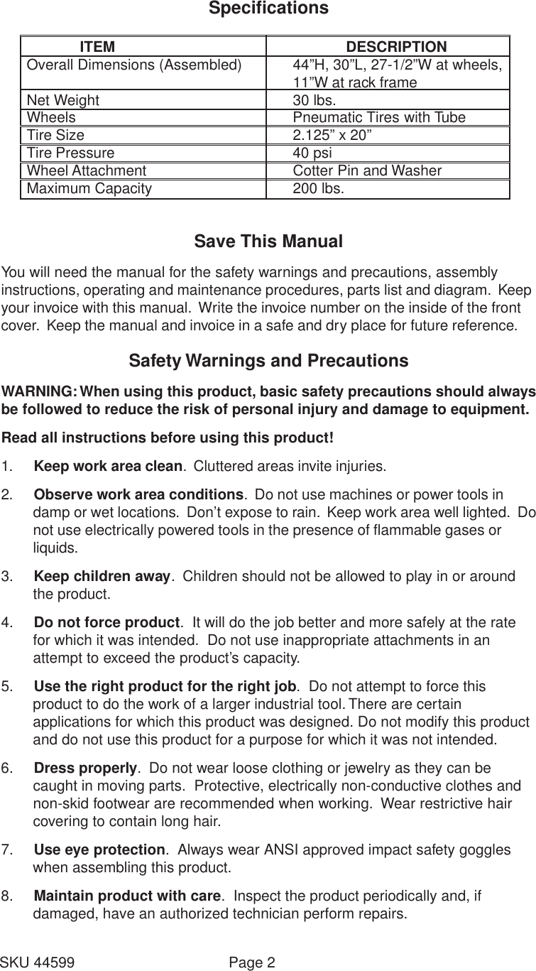 Page 2 of 5 - Harbor-Freight Harbor-Freight-44599-Users-Manual- 44599 Wood Cart  Harbor-freight-44599-users-manual