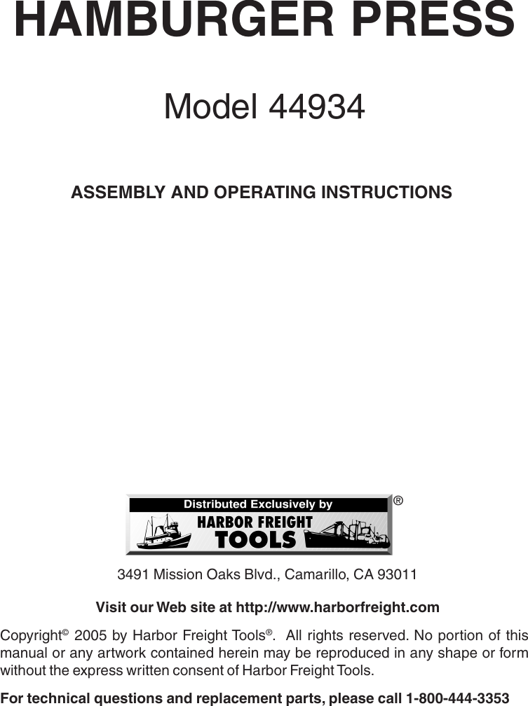 Page 1 of 5 - Harbor-Freight Harbor-Freight-44934-Users-Manual- 44934 Hamburger Press Manual  Harbor-freight-44934-users-manual