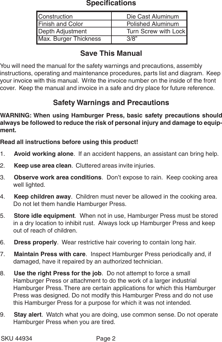 Page 2 of 5 - Harbor-Freight Harbor-Freight-44934-Users-Manual- 44934 Hamburger Press Manual  Harbor-freight-44934-users-manual