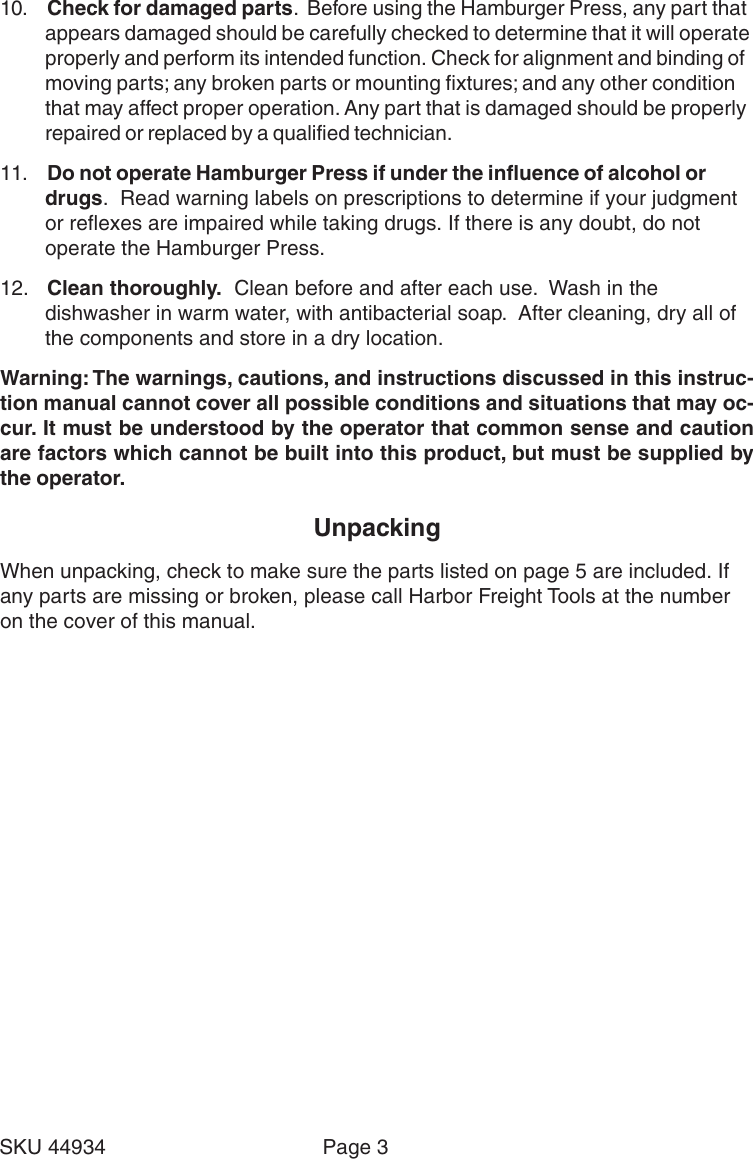 Page 3 of 5 - Harbor-Freight Harbor-Freight-44934-Users-Manual- 44934 Hamburger Press Manual  Harbor-freight-44934-users-manual