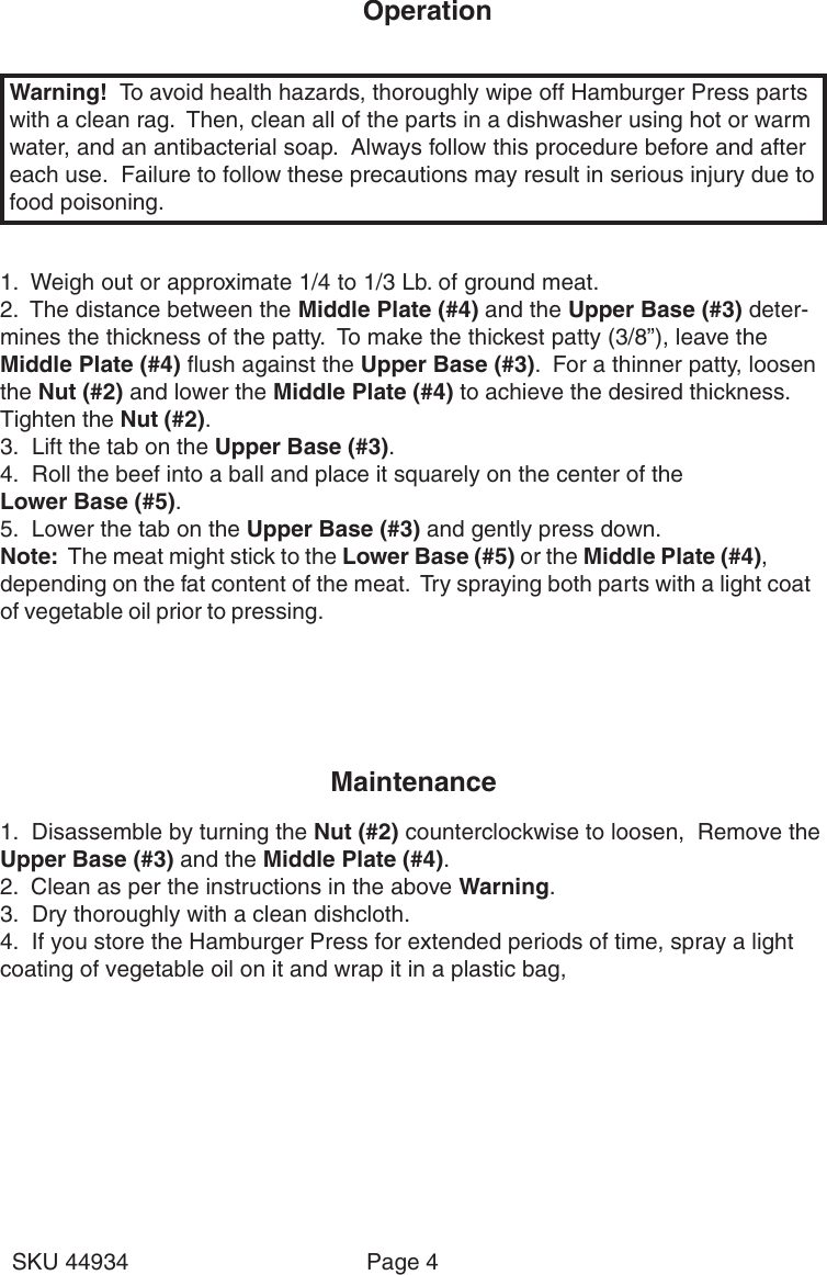 Page 4 of 5 - Harbor-Freight Harbor-Freight-44934-Users-Manual- 44934 Hamburger Press Manual  Harbor-freight-44934-users-manual