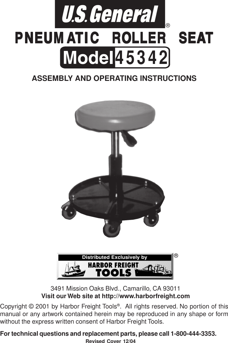 Harbor Freight 45342 Users Manual Roller Seat