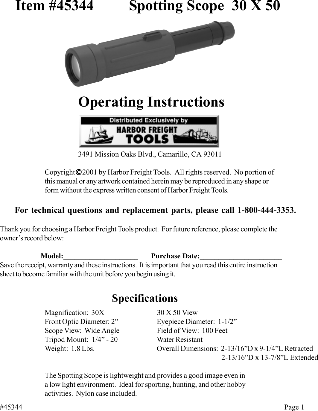 Page 1 of 2 - Harbor-Freight Harbor-Freight-45344-Users-Manual- 45344 Spotting Scope Man.p65  Harbor-freight-45344-users-manual