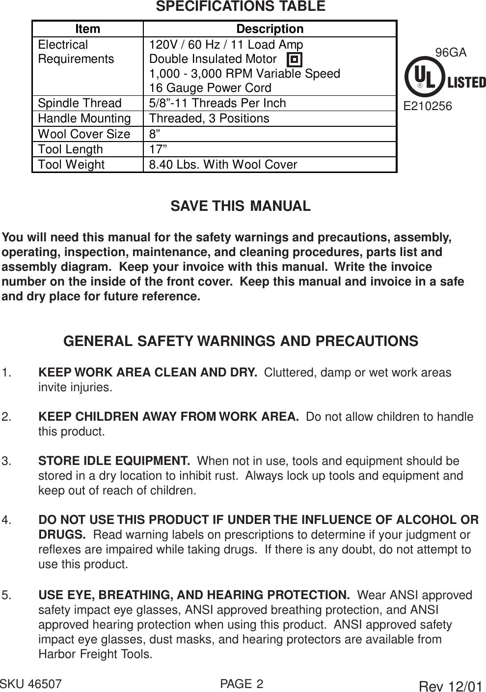 Page 2 of 12 - Harbor-Freight Harbor-Freight-46507-Users-Manual- 46507 Manual  Harbor-freight-46507-users-manual